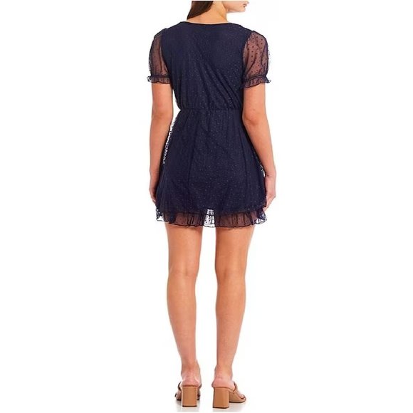 Alison & Kelly Short Sleeve Ruffle Hem Surplice-V-Neck Mesh Dot Faux-Wrap dress - Picture 2 of 2